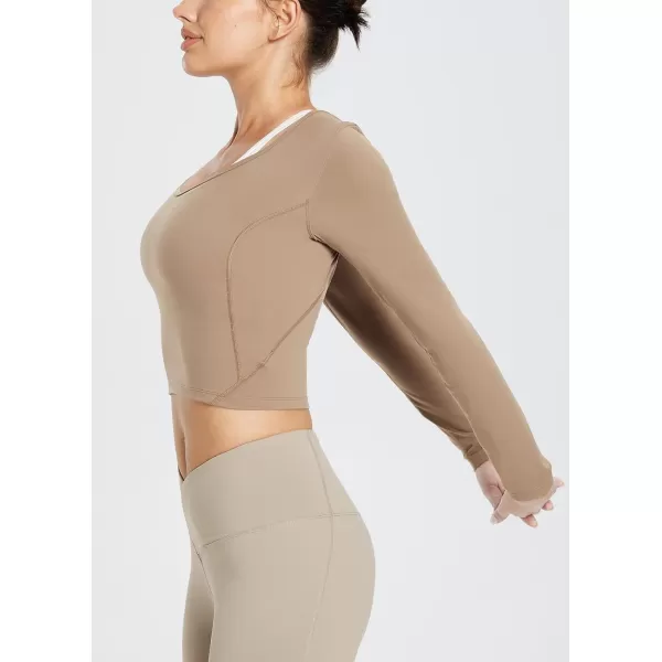 BALEAF Nuleaf Scoop Neck Long Sleeve Crop Top for Women Slim Fit Workout Shirts Tight Base Layer Athletic Gym CasualCocoa Brown