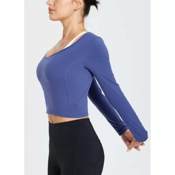 BALEAF Nuleaf Scoop Neck Long Sleeve Crop Top for Women Slim Fit Workout Shirts Tight Base Layer Athletic Gym CasualNavy