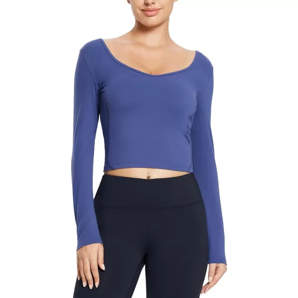 BALEAF Nuleaf Scoop Neck Long Sleeve Crop Top for Women Slim Fit Workout Shirts Tight Base Layer Athletic Gym CasualNavy