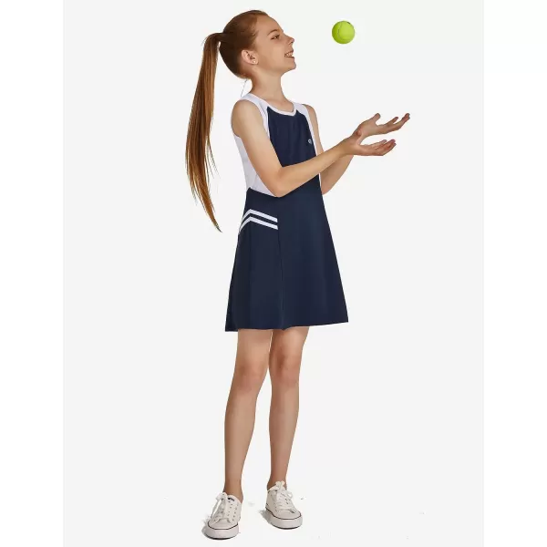 BALEAF Youth Girls Tennis Dress Golf Sleeveless Outfit School Sports Dress with Shorts PocketsNavywhite