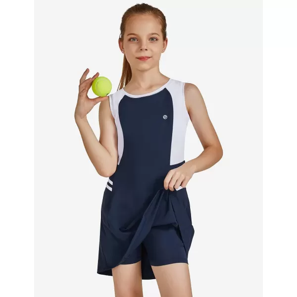 BALEAF Youth Girls Tennis Dress Golf Sleeveless Outfit School Sports Dress with Shorts PocketsNavywhite