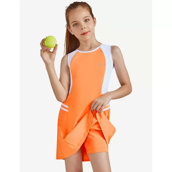 BALEAF Youth Girls Tennis Dress Golf Sleeveless Outfit School Sports Dress with Shorts PocketsOrangewhite