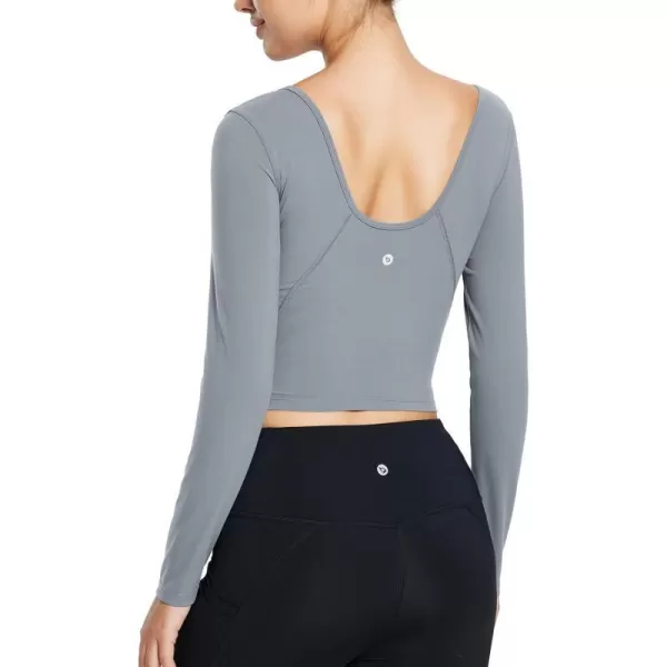 BALEAF Nuleaf Scoop Neck Long Sleeve Crop Top for Women Slim Fit Workout Shirts Tight Base Layer Athletic Gym CasualDark Grey