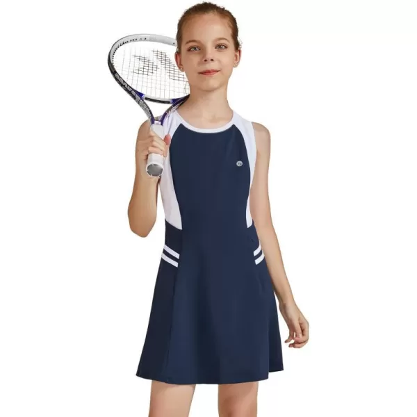 BALEAF Youth Girls Tennis Dress Golf Sleeveless Outfit School Sports Dress with Shorts PocketsNavywhite