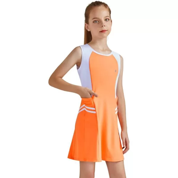 BALEAF Youth Girls Tennis Dress Golf Sleeveless Outfit School Sports Dress with Shorts PocketsOrangewhite