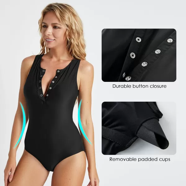 BALEAF Womens Button Up Full Back Swimsuits One Piece Long Torso Padded Push Up Bathing Suits Built in BraBlack