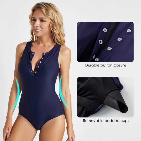 BALEAF Womens Button Up Full Back Swimsuits One Piece Long Torso Padded Push Up Bathing Suits Built in BraDark Blue