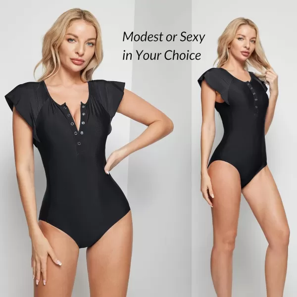 BALEAF Womens Button Up Full Back Swimsuits One Piece Long Torso Padded Push Up Bathing Suits Built in BraStyle 02black