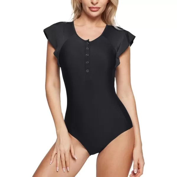 BALEAF Womens Button Up Full Back Swimsuits One Piece Long Torso Padded Push Up Bathing Suits Built in BraStyle 02black