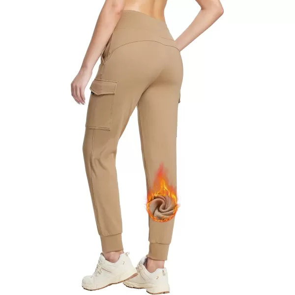 BALEAF Womens Fleece Lined Jogger Pants Hiking Water Resistant Thermal High Waist Cargo Pockets Travel WinterDark Khaki