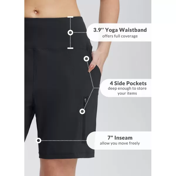 BALEAF 7 Inch Long Shorts for Women High Waisted Athletic Bermuda Shorts Workout Hiking Golf Zipper Pockets UPF 50Black