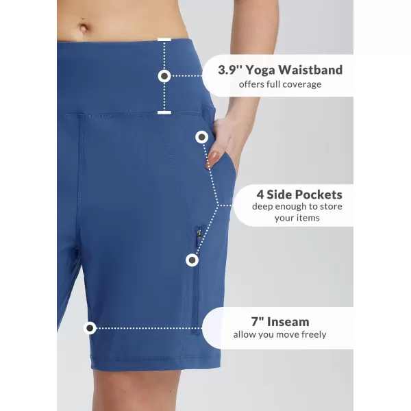 BALEAF 7 Inch Long Shorts for Women High Waisted Athletic Bermuda Shorts Workout Hiking Golf Zipper Pockets UPF 50Blue