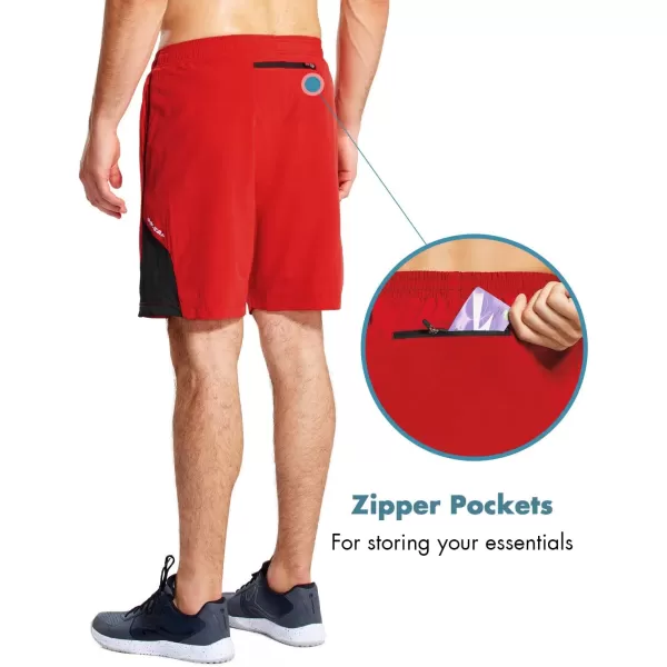 BALEAF Mens 7 Running Shorts with Mesh Liner Zipper Pocket for Athletic Workout GymRed