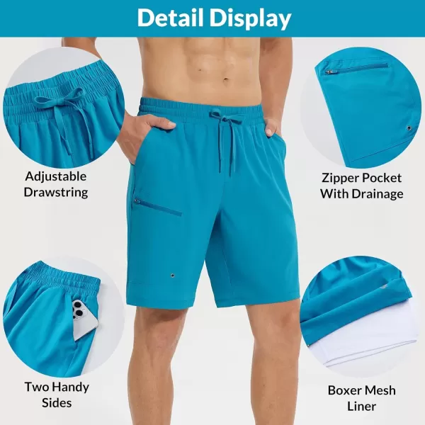 BALEAF Mens Swim Trunks 55  7  9 Inch Board Shorts with Compression Liner Quick Dry Swim Shorts with Zipper PocketsAqua Blue