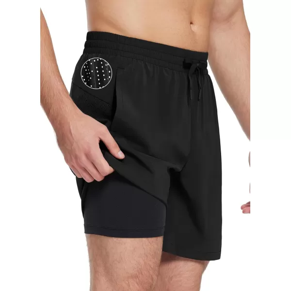 BALEAF Mens Swim Trunks 55  7  9 Inch Board Shorts with Compression Liner Quick Dry Swim Shorts with Zipper PocketsBlack