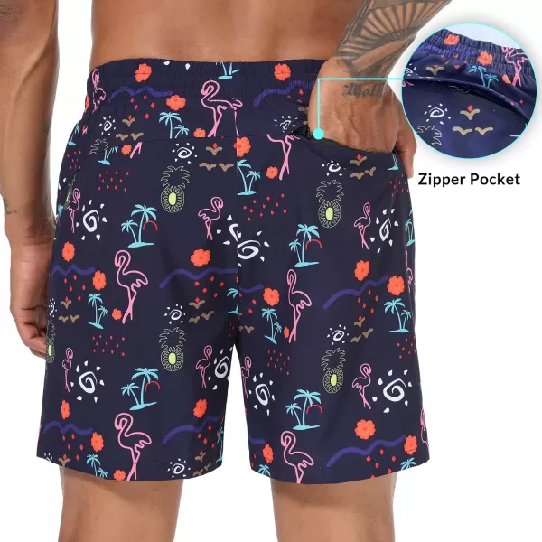 BALEAF Mens Swim Trunks 55  7  9 Inch Board Shorts with Compression Liner Quick Dry Swim Shorts with Zipper PocketsBlue Pineapple  Flamingo