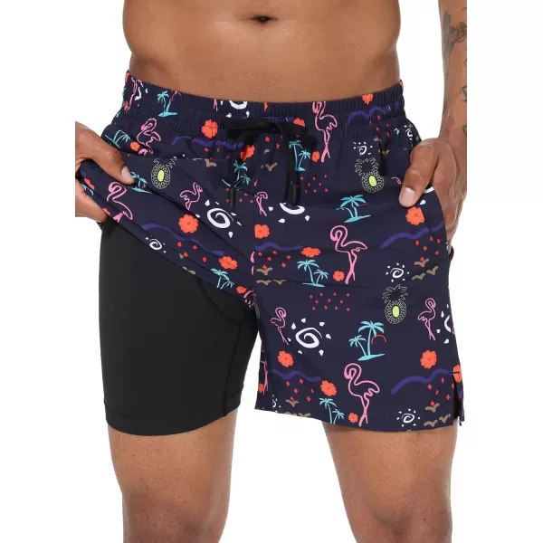 BALEAF Mens Swim Trunks 55  7  9 Inch Board Shorts with Compression Liner Quick Dry Swim Shorts with Zipper PocketsBlue Pineapple  Flamingo