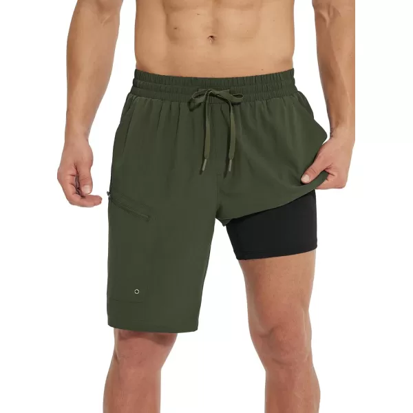 BALEAF Mens Swim Trunks 55  7  9 Inch Board Shorts with Compression Liner Quick Dry Swim Shorts with Zipper PocketsDark Green