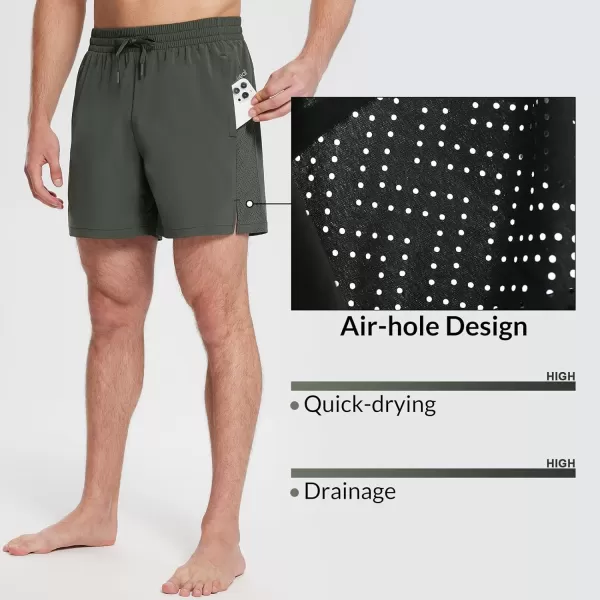 BALEAF Mens Swim Trunks 55  7  9 Inch Board Shorts with Compression Liner Quick Dry Swim Shorts with Zipper PocketsDark Green