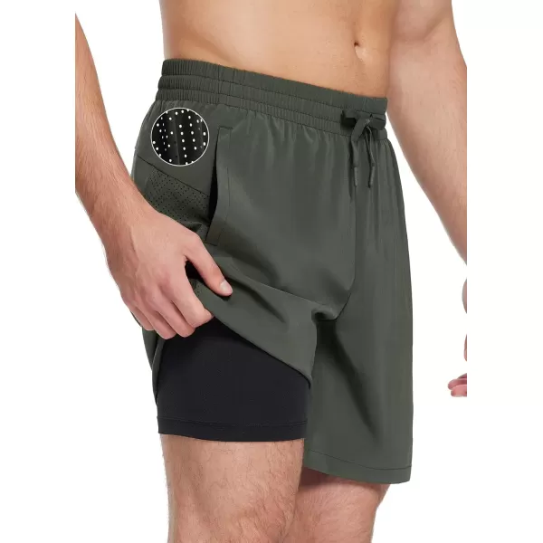 BALEAF Mens Swim Trunks 55  7  9 Inch Board Shorts with Compression Liner Quick Dry Swim Shorts with Zipper PocketsDark Green