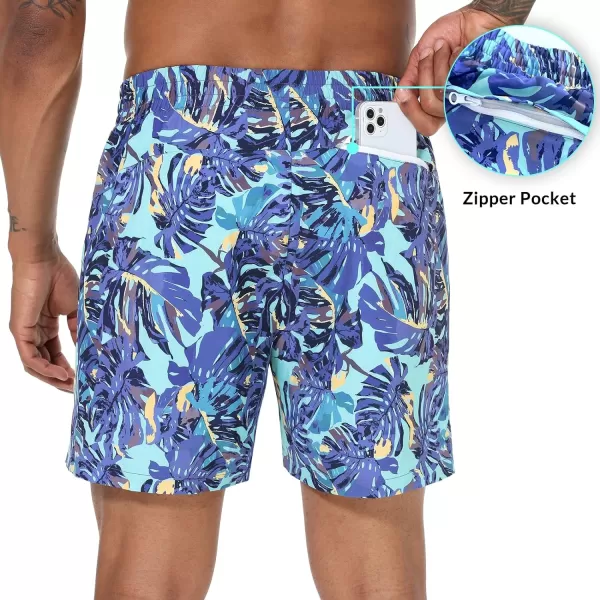 BALEAF Mens Swim Trunks 55  7  9 Inch Board Shorts with Compression Liner Quick Dry Swim Shorts with Zipper PocketsGreen Tropical Leaves