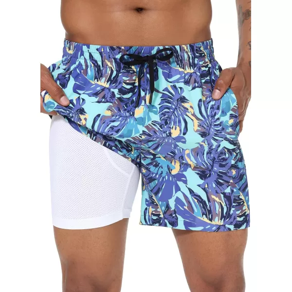 BALEAF Mens Swim Trunks 55  7  9 Inch Board Shorts with Compression Liner Quick Dry Swim Shorts with Zipper PocketsGreen Tropical Leaves