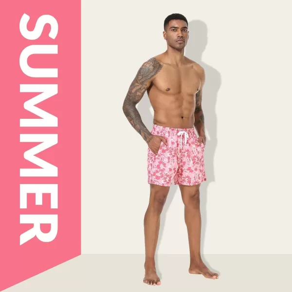 BALEAF Mens Swim Trunks 55  7  9 Inch Board Shorts with Compression Liner Quick Dry Swim Shorts with Zipper PocketsPink Red Floral