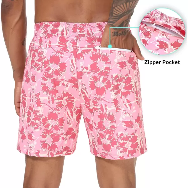 BALEAF Mens Swim Trunks 55  7  9 Inch Board Shorts with Compression Liner Quick Dry Swim Shorts with Zipper PocketsPink Red Floral