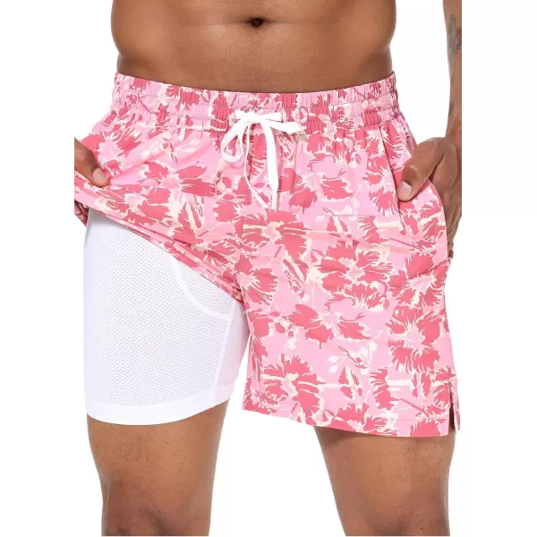 BALEAF Mens Swim Trunks 55  7  9 Inch Board Shorts with Compression Liner Quick Dry Swim Shorts with Zipper PocketsPink Red Floral