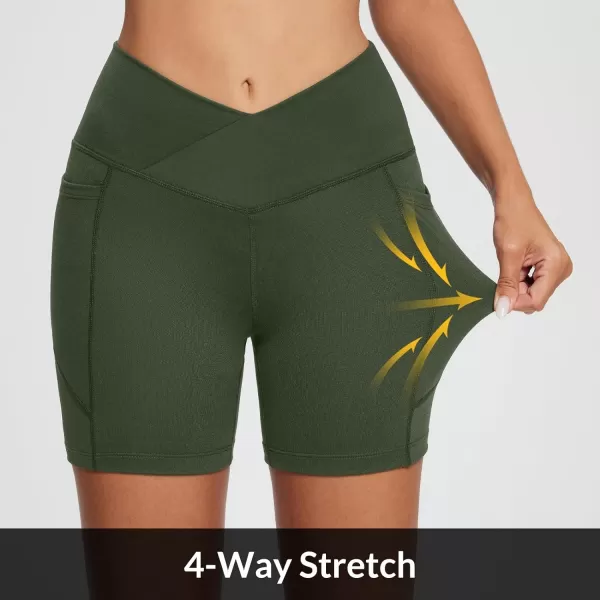 BALEAF Womens 5 Crossover Biker Shorts Workout High Waisted Yoga Athletic Running Gym Spandex Shorts with Side PocketsArmy Green