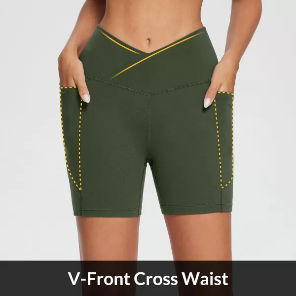 BALEAF Womens 5 Crossover Biker Shorts Workout High Waisted Yoga Athletic Running Gym Spandex Shorts with Side PocketsArmy Green