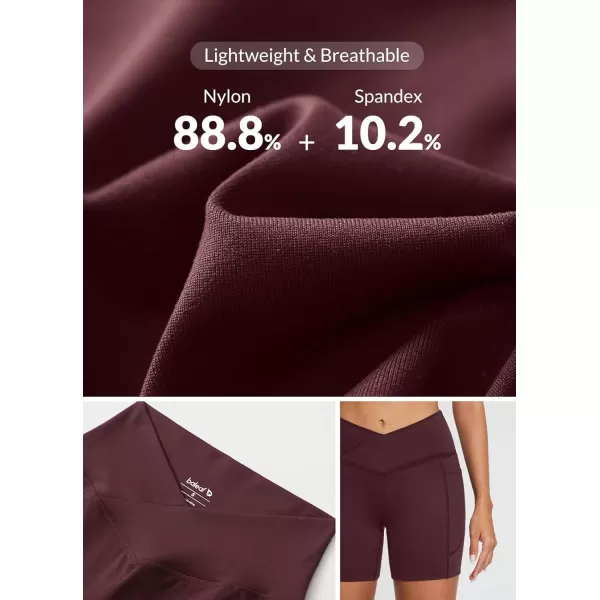 BALEAF Womens 5 Crossover Biker Shorts Workout High Waisted Yoga Athletic Running Gym Spandex Shorts with Side PocketsWine Red