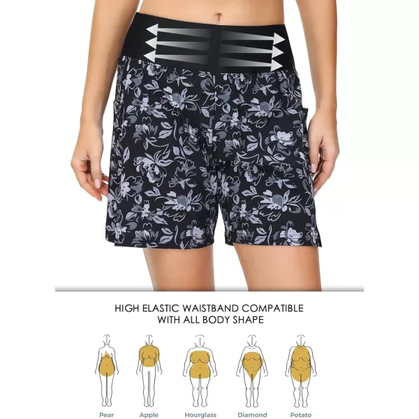 BALEAF Womens 5 Quick Dry High Waisted Swim Board Shorts UPF 50 Swimsuit Bottom Trunks with LinerBlack Flowers