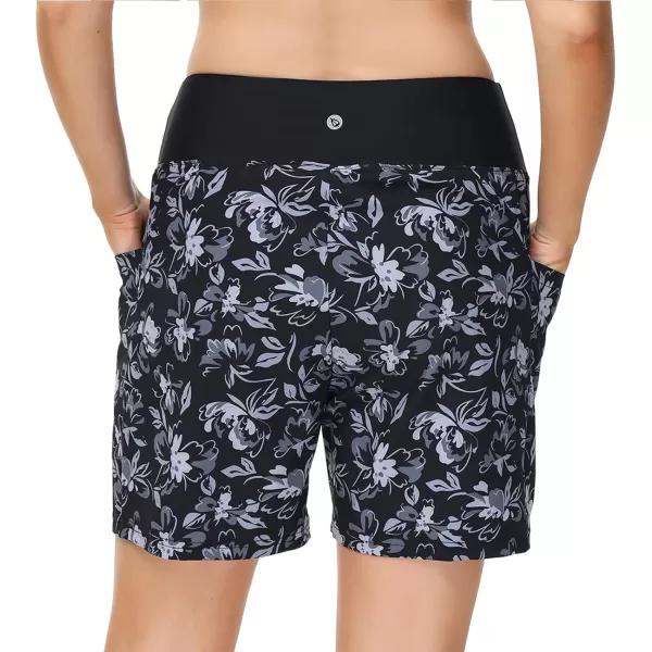 BALEAF Womens 5 Quick Dry High Waisted Swim Board Shorts UPF 50 Swimsuit Bottom Trunks with LinerBlack Flowers