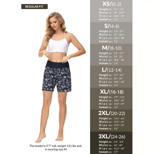 BALEAF Womens 5 Quick Dry High Waisted Swim Board Shorts UPF 50 Swimsuit Bottom Trunks with LinerBlack Flowers