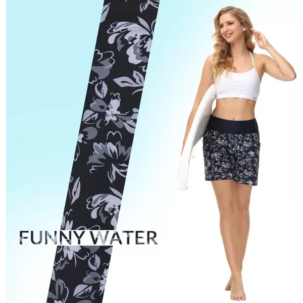 BALEAF Womens 5 Quick Dry High Waisted Swim Board Shorts UPF 50 Swimsuit Bottom Trunks with LinerBlack Flowers