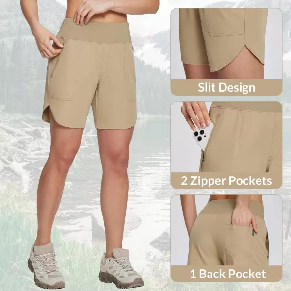 BALEAF Womens 7 Hiking Shorts High Waist Quick Dry Lightweight Zip Pockets Workout Athletic Gym Shorts Travel RunningBrown