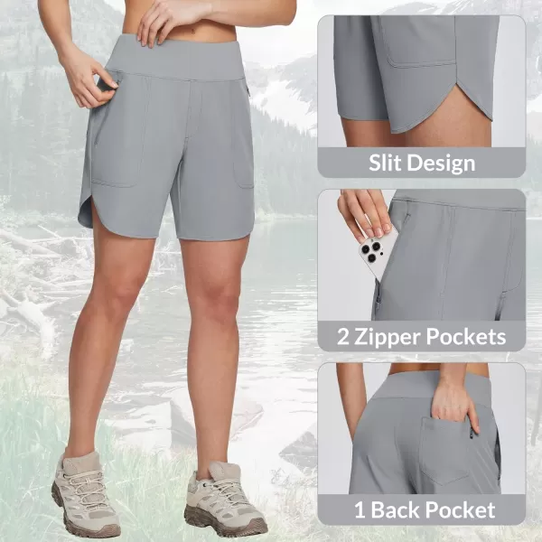 BALEAF Womens 7 Hiking Shorts High Waist Quick Dry Lightweight Zip Pockets Workout Athletic Gym Shorts Travel RunningFrost Gray