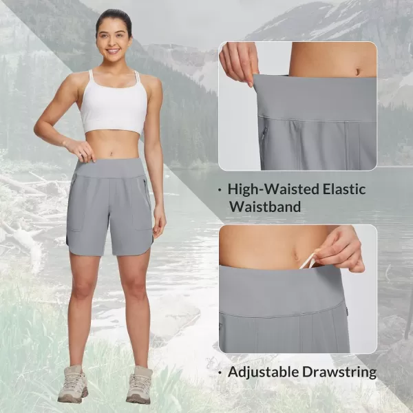 BALEAF Womens 7 Hiking Shorts High Waist Quick Dry Lightweight Zip Pockets Workout Athletic Gym Shorts Travel RunningFrost Gray