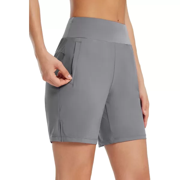 BALEAF Womens 7 Long Running Shorts Quick Dry Athletic Workout Shorts with Zipper Pockets UnlinedGray