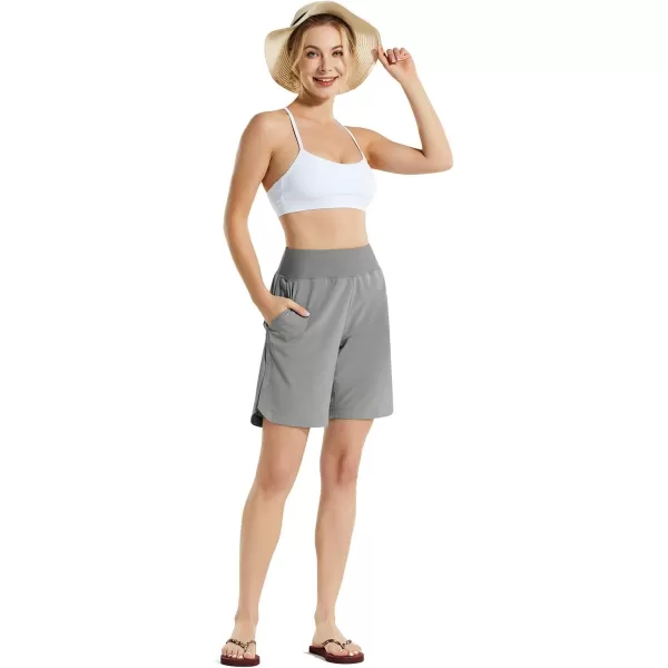 BALEAF Womens 78 Long Swim Board Shorts High Waisted Quick Dry Swimming Bottoms with Liner Pockets Beach Water SurfGrey