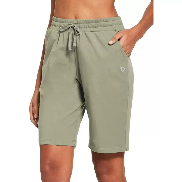 BALEAF Womens Bermuda Shorts Long Cotton Casual Summer Knee Length Pull On Lounge Walking Exercise Shorts with PocketsSpray Green10 Inseam