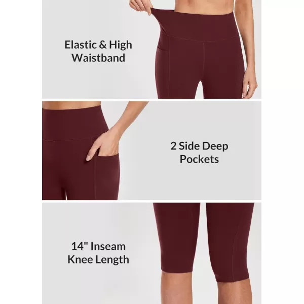 BALEAF Womens Capri Leggings Knee Length Cotton Capris with Pockets High Waisted Yoga Workout for Casual SummerWine Red