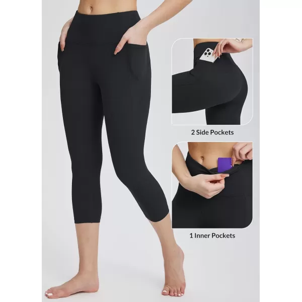 BALEAF Womens Capri Leggings with Pockets High Waisted Workout Yoga Running Gym Pull On Capris Pants for Casual SummerBlack