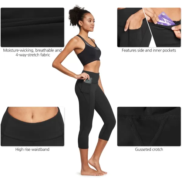 BALEAF Womens Capri Leggings with Pockets High Waisted Workout Yoga Running Gym Pull On Capris Pants for Casual SummerBlack