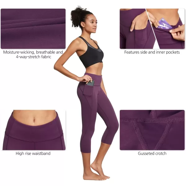 BALEAF Womens Capri Leggings with Pockets High Waisted Workout Yoga Running Gym Pull On Capris Pants for Casual SummerDark Magenta