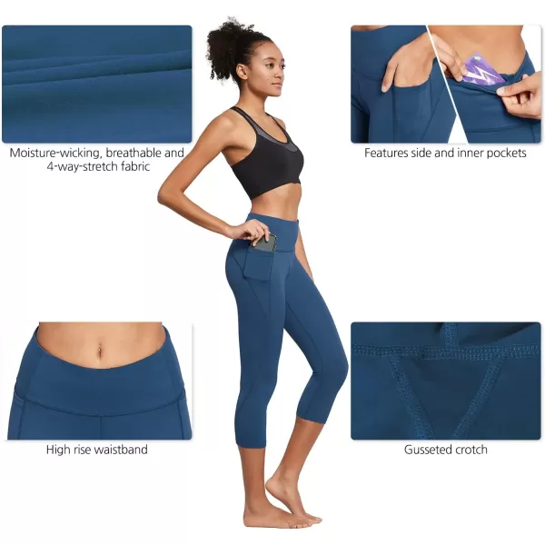 BALEAF Womens Capri Leggings with Pockets High Waisted Workout Yoga Running Gym Pull On Capris Pants for Casual SummerDenim Blue