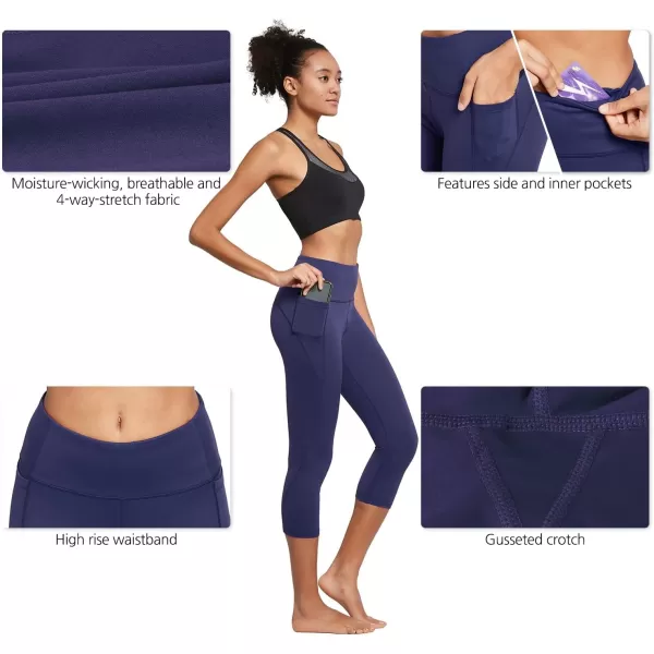 BALEAF Womens Capri Leggings with Pockets High Waisted Workout Yoga Running Gym Pull On Capris Pants for Casual SummerNavy Blue