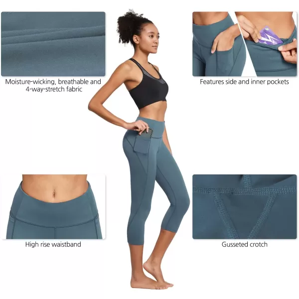 BALEAF Womens Capri Leggings with Pockets High Waisted Workout Yoga Running Gym Pull On Capris Pants for Casual SummerSteel Blue