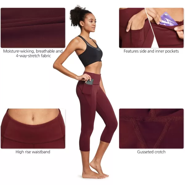 BALEAF Womens Capri Leggings with Pockets High Waisted Workout Yoga Running Gym Pull On Capris Pants for Casual SummerWine Red